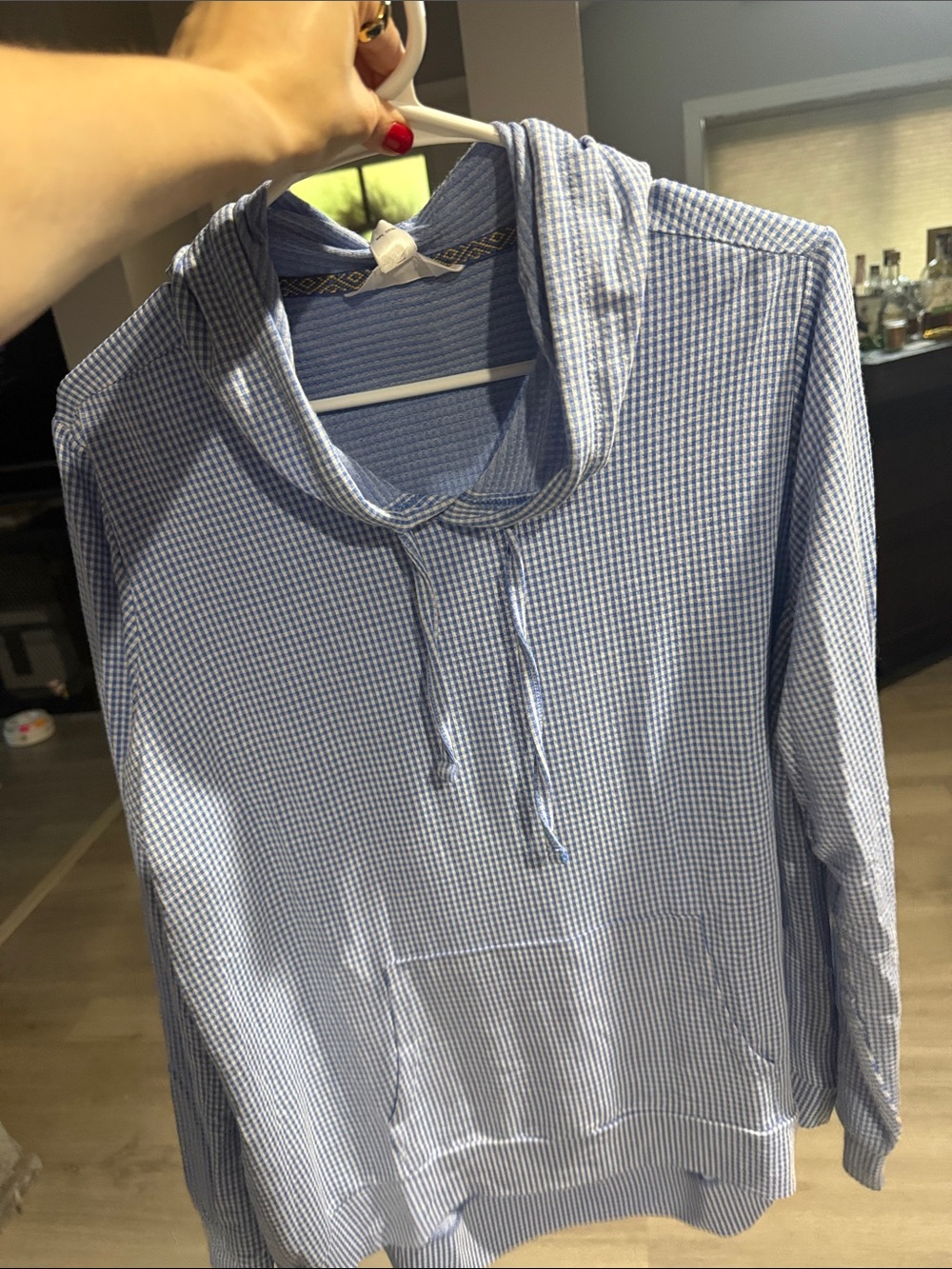 Weatherproof Light Blue and White Gingham Hooded Top